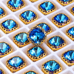 Bermuda Blue Cushion Square Shape High-Quality Glass Sew-on Nest Hollow Claw Rhinestones WholesaleRhinestone