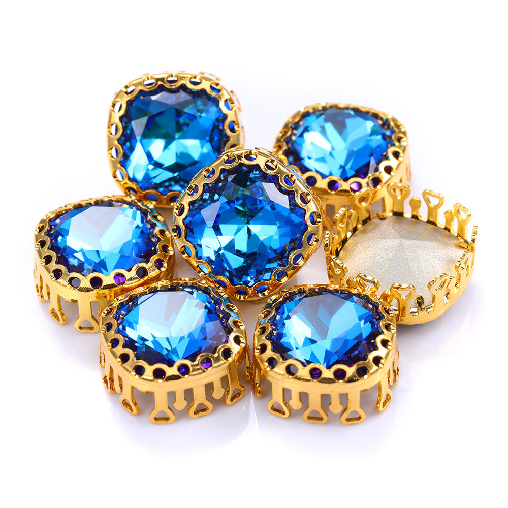Bermuda Blue Cushion Square Shape High-Quality Glass Sew-on Nest Hollow Claw Rhinestones WholesaleRhinestone
