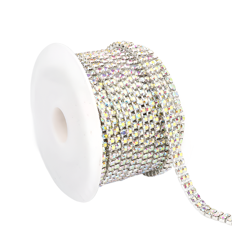 10 Yards Crystal AB Rhinestones Close Cup Chain -  2 Rows Silver Base WholesaleRhinestone