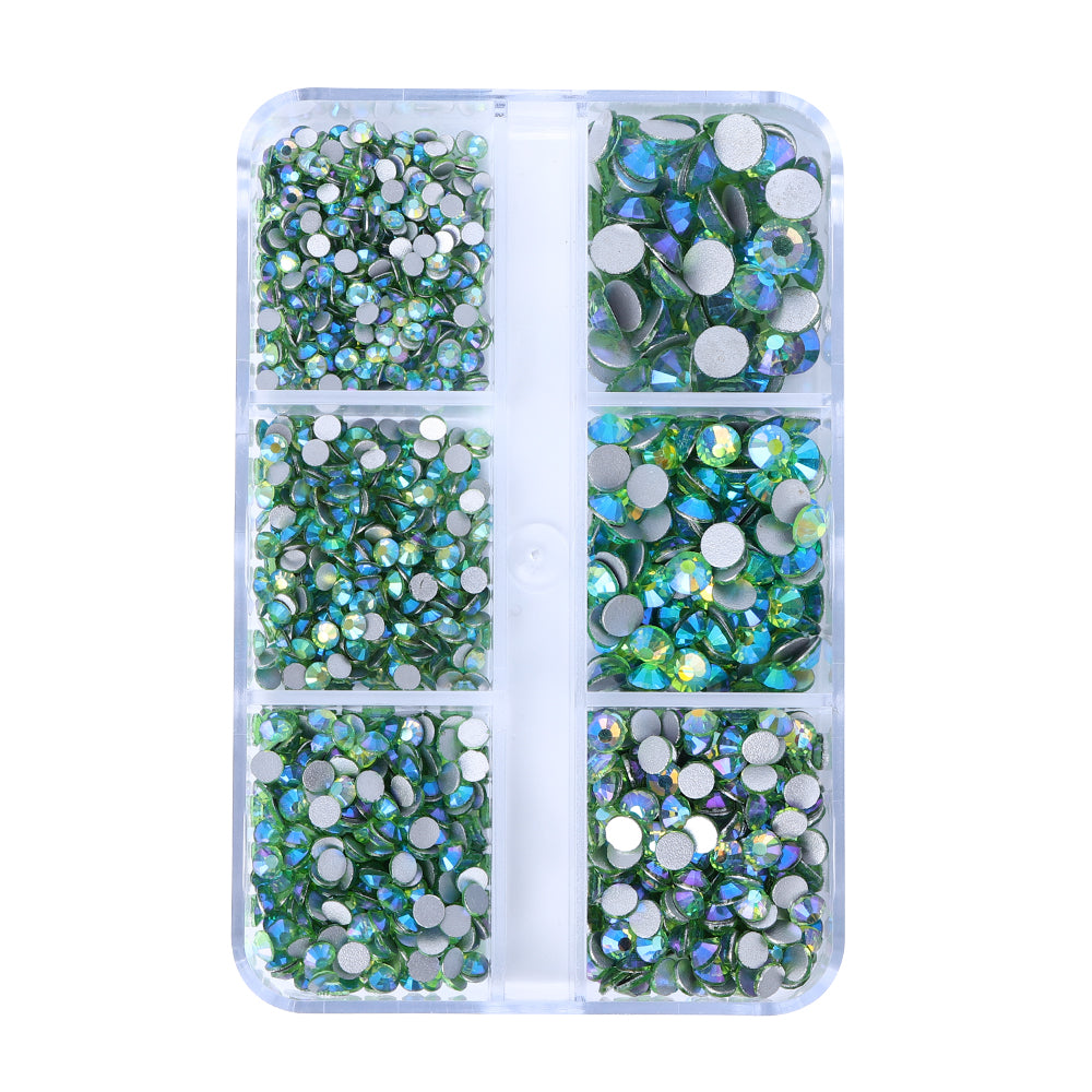 Mixed Sizes 6 Grid Box Peridot AB Glass FlatBack Rhinestones For Nail Art Silver Back WholesaleRhinestone