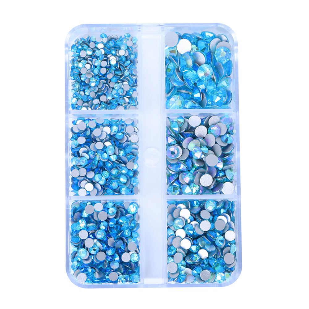Mixed Sizes 6 Grid Box Aquamarine AB Glass FlatBack Rhinestones For Nail Art Silver Back WholesaleRhinestone