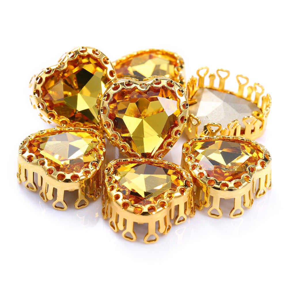 Light Topaz Maxi Heart Shape High-Quality Glass Sew-on Nest Hollow Claw Rhinestones WholesaleRhinestone