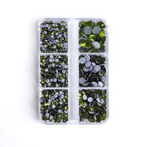 Mixed Sizes 6 Grid Box Olive Green Glass HotFix Rhinestones For Clothing DIY WholesaleRhinestone