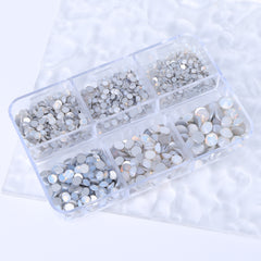 Mixed Sizes 6 Grid Box White Opal Glass FlatBack Rhinestones For Nail Art Silver Back WholesaleRhinestone