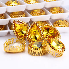 Light Topaz Drop Shape High-Quality Glass Sew-on Nest Hollow Claw Rhinestones