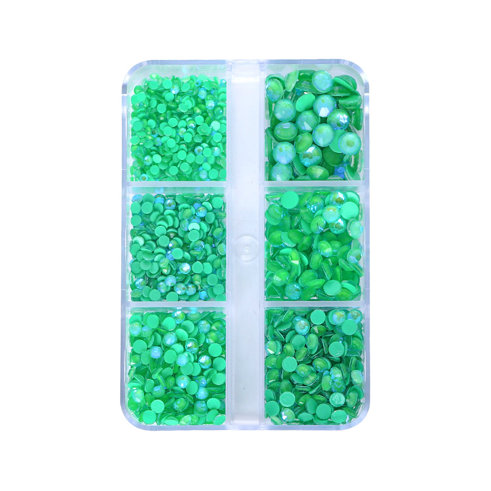 Mixed Sizes 6 Grid Box Mocha SS Green Glass FlatBack Rhinestones For Nail Art WholesaleRhinestone