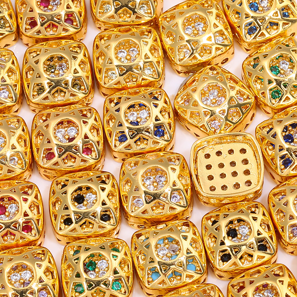 Cushion Square Shape Golden Plated High-Quality Sew-on Alloy Charms Inlaid Cubic Zirconia WholesaleRhinestone
