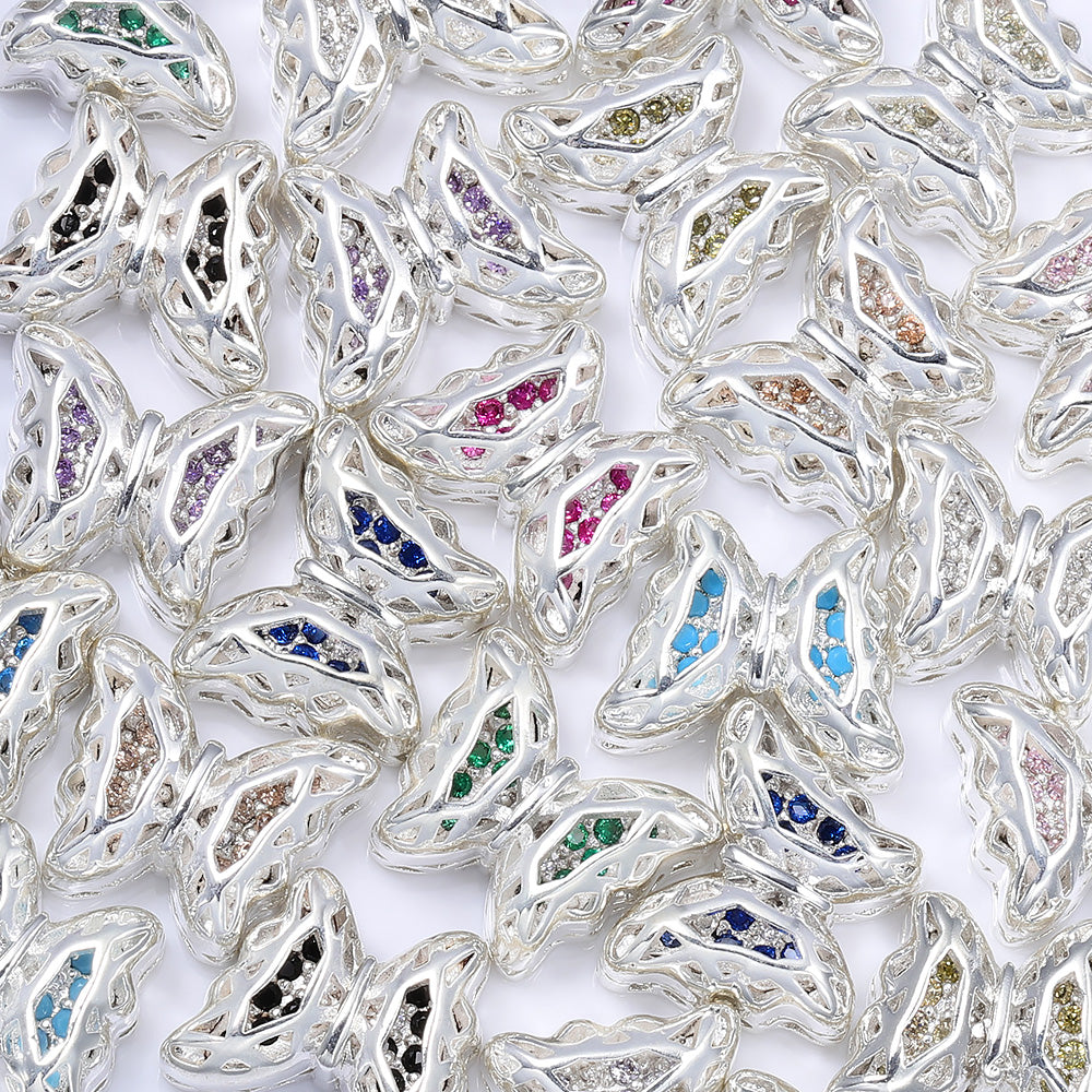 Butterfly Shape Silver Plated High-Quality Sew-on Alloy Charms Inlaid Cubic Zirconia WholesaleRhinestone