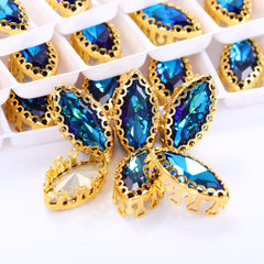 Bermuda Blue Navette Shape High-Quality Glass Sew-on Nest Hollow Claw Rhinestones WholesaleRhinestone