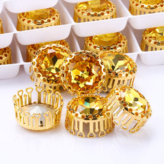 Light Topaz Gemstone Flower Round Shape High-Quality Glass Sew-on Nest Hollow Claw Rhinestones WholesaleRhinestone