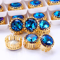 Bermuda Blue Gemstone Flower Round Shape High-Quality Glass Sew-on Nest Hollow Claw Rhinestones WholesaleRhinestone