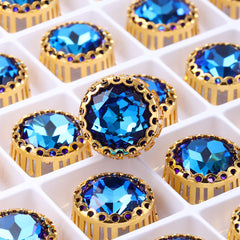 Bermuda Blue Gemstone Flower Round Shape High-Quality Glass Sew-on Nest Hollow Claw Rhinestones WholesaleRhinestone