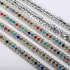 10 Yards Crystal & Mix Colors Rhinestones Close Cup Chain - 3 Rows Silver Base WholesaleRhinestone