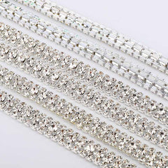 10 Yards Crystal Rhinestones Close Cup Chain - 3 Rows Silver Base WholesaleRhinestone