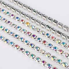 Crystal AB Glass Rhinestones Close Cup Chain -1 Row Silver Base WholesaleRhinestone