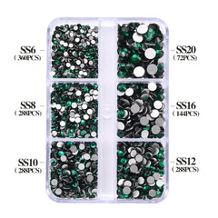 Mixed Sizes 6 Grid Box Dark Green Glass FlatBack Rhinestones For Nail Art Silver Back WholesaleRhinestone