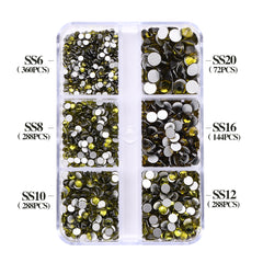 Mixed Sizes 6 Grid Box Olive Green Glass FlatBack Rhinestones For Nail Art Silver Back WholesaleRhinestone