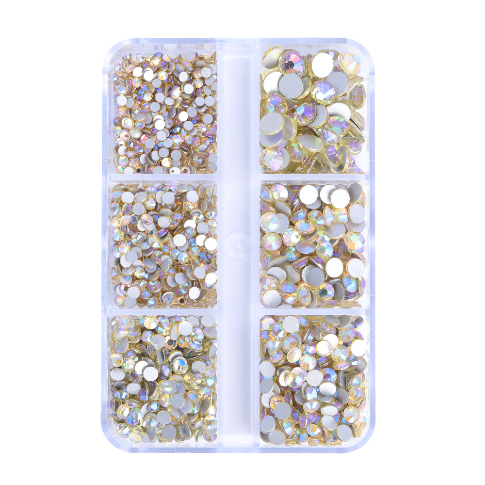 Mixed Sizes 6 Grid Box Light Yellow AB Glass FlatBack Rhinestones For Nail Art Silver Back WholesaleRhinestone