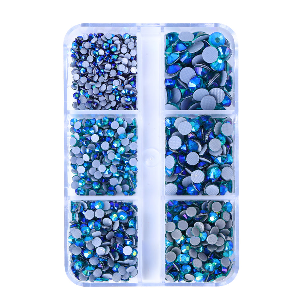 Mixed Sizes 6 Grid Box Blue Zircon AB Glass HotFix Rhinestones For