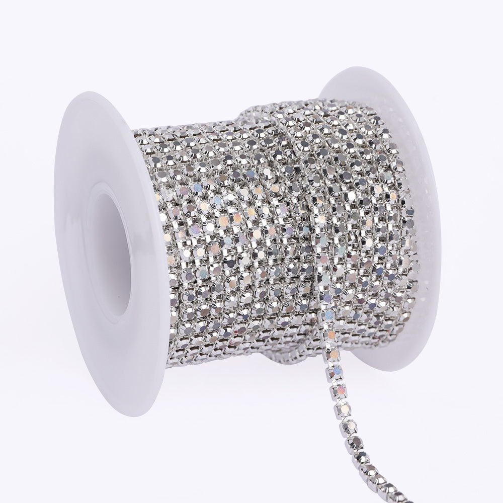 Silver Glass Rhinestones Close Cup Chain - 1 Row Sliver Base WholesaleRhinestone