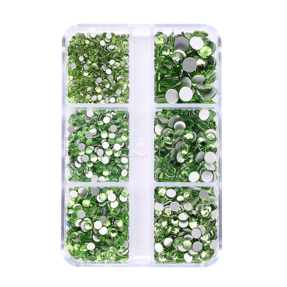 Mixed Sizes 6 Grid Box Peridot Glass FlatBack Rhinestones For Nail Art Silver Back WholesaleRhinestone
