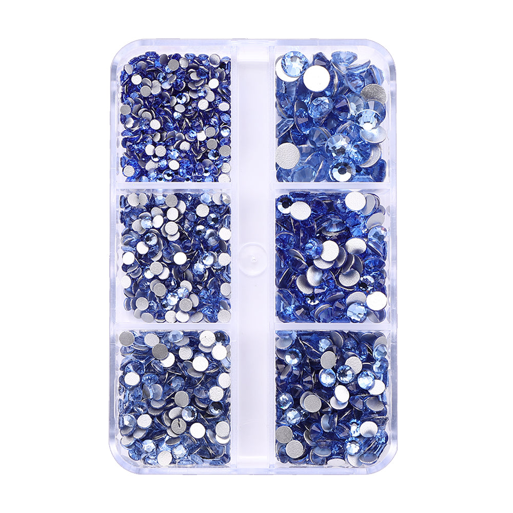 Mixed Sizes 6 Grid Box Light Blue Glass FlatBack Rhinestones For Nail Art Silver Back WholesaleRhinestone