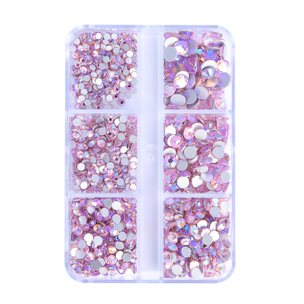 Mixed Sizes 6 Grid Box Light Pink AB Glass FlatBack Rhinestones For Nail Art Silver Back WholesaleRhinestone