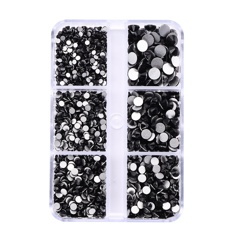 Mixed Sizes 6 Grid Box Black Glass FlatBack Rhinestones For Nail Art Silver Back WholesaleRhinestone