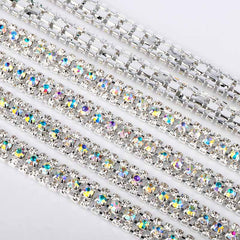 10 Yards Crystal & Crystal AB Rhinestones Close Cup Chain - 3 Rows Silver Base WholesaleRhinestone