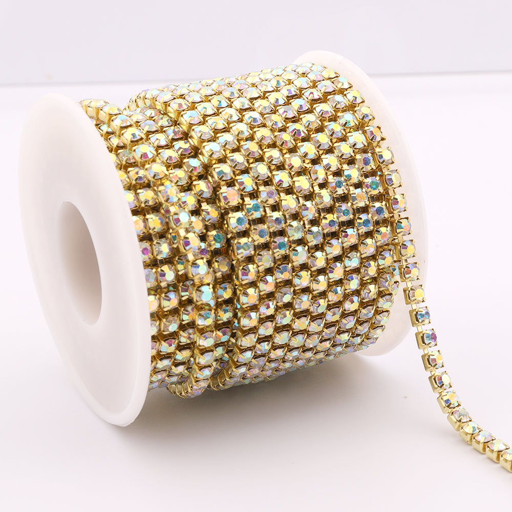 Crystal AB Glass Rhinestones Close Cup Chain- 1 Row Gold Base WholesaleRhinestone