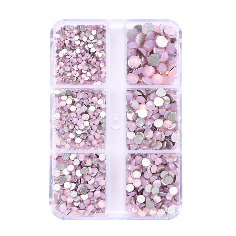 Mixed Sizes 6 Grid Box Pink Opal Glass FlatBack Rhinestones For Nail Art Silver Back WholesaleRhinestone