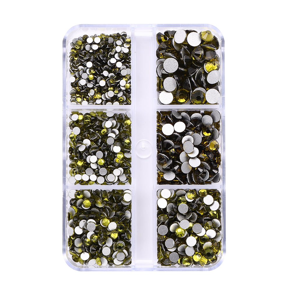 Mixed Sizes 6 Grid Box Olive Green Glass FlatBack Rhinestones For Nail Art Silver Back WholesaleRhinestone