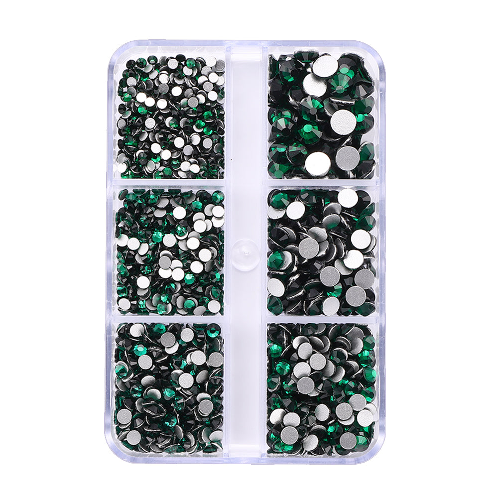 Mixed Sizes 6 Grid Box Dark Green Glass FlatBack Rhinestones For Nail Art Silver Back WholesaleRhinestone