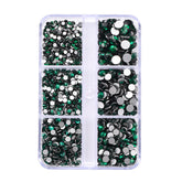 Mixed Sizes 6 Grid Box Dark Green Glass FlatBack Rhinestones For Nail Art Silver Back WholesaleRhinestone