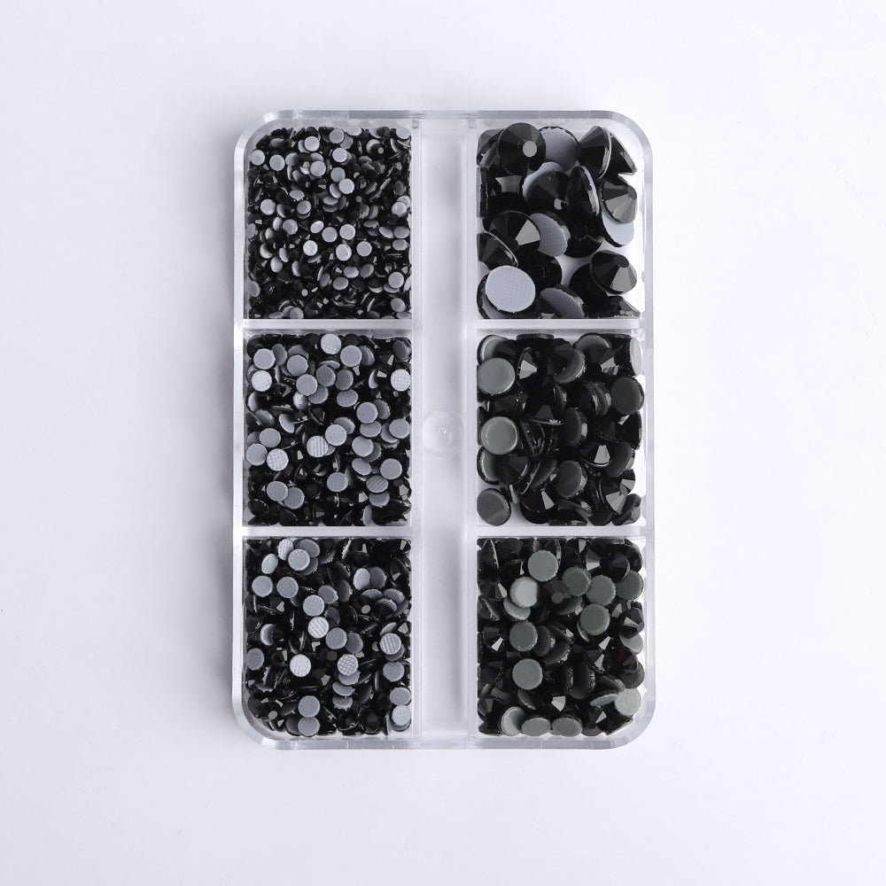 Mixed Sizes 6 Grid Box Black Glass HotFix Rhinestones For Clothing DIY WholesaleRhinestone