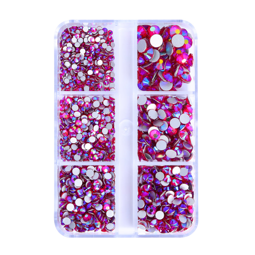 Mixed Sizes 6 Grid Box Siam AB Glass FlatBack Rhinestones For Nail Art Silver Back WholesaleRhinestone
