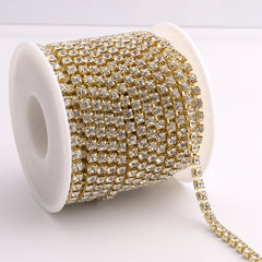 Crystal Glass Rhinestones Close Cup Chain - 1 Row Gold Base WholesaleRhinestone