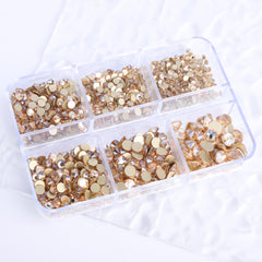 Mixed Sizes 6 Grid Box Golden Shadow Glass FlatBack Rhinestones For Nail Art Golden Back WholesaleRhinestone