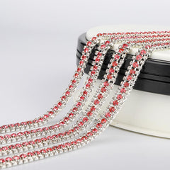 10 Yards Crystal & Rose Rhinestones Close Cup Chain - 3 Rows Silver Base WholesaleRhinestone