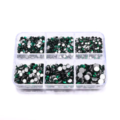 Mixed Sizes 6 Grid Box Dark Green Glass FlatBack Rhinestones For Nail Art Silver Back WholesaleRhinestone