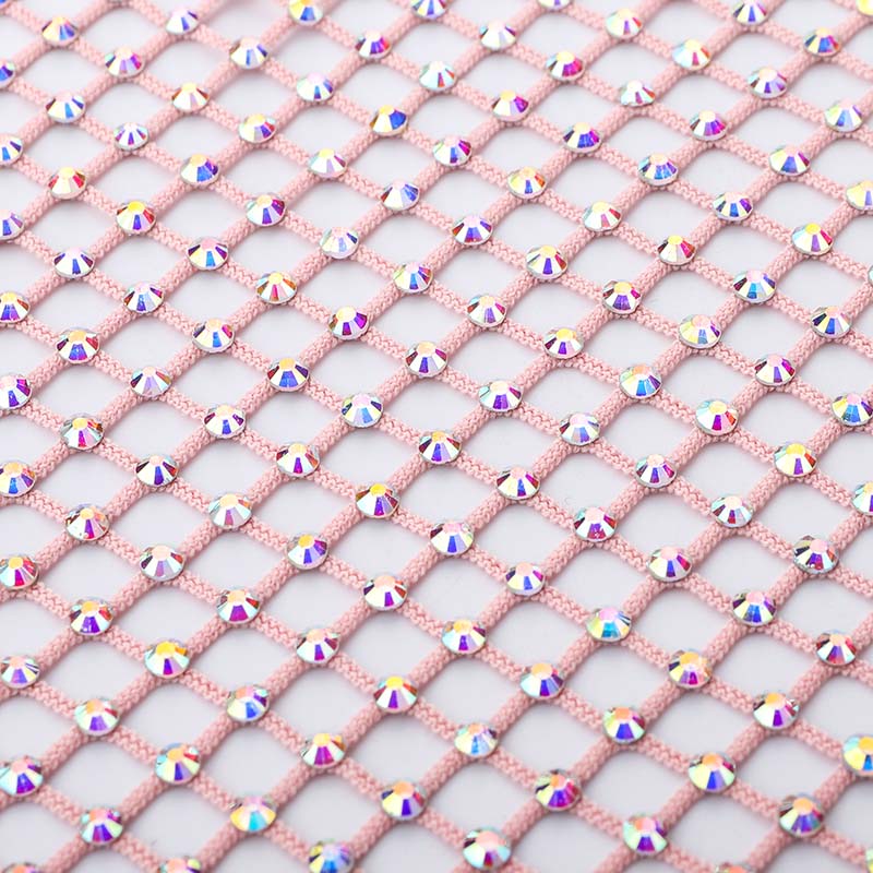 Crystal AB Rhinestones Mesh Fabric Sewing Elastic Trim - Pink WholesaleRhinestone