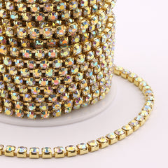Crystal AB Glass Rhinestones Close Cup Chain- 1 Row Gold Base WholesaleRhinestone