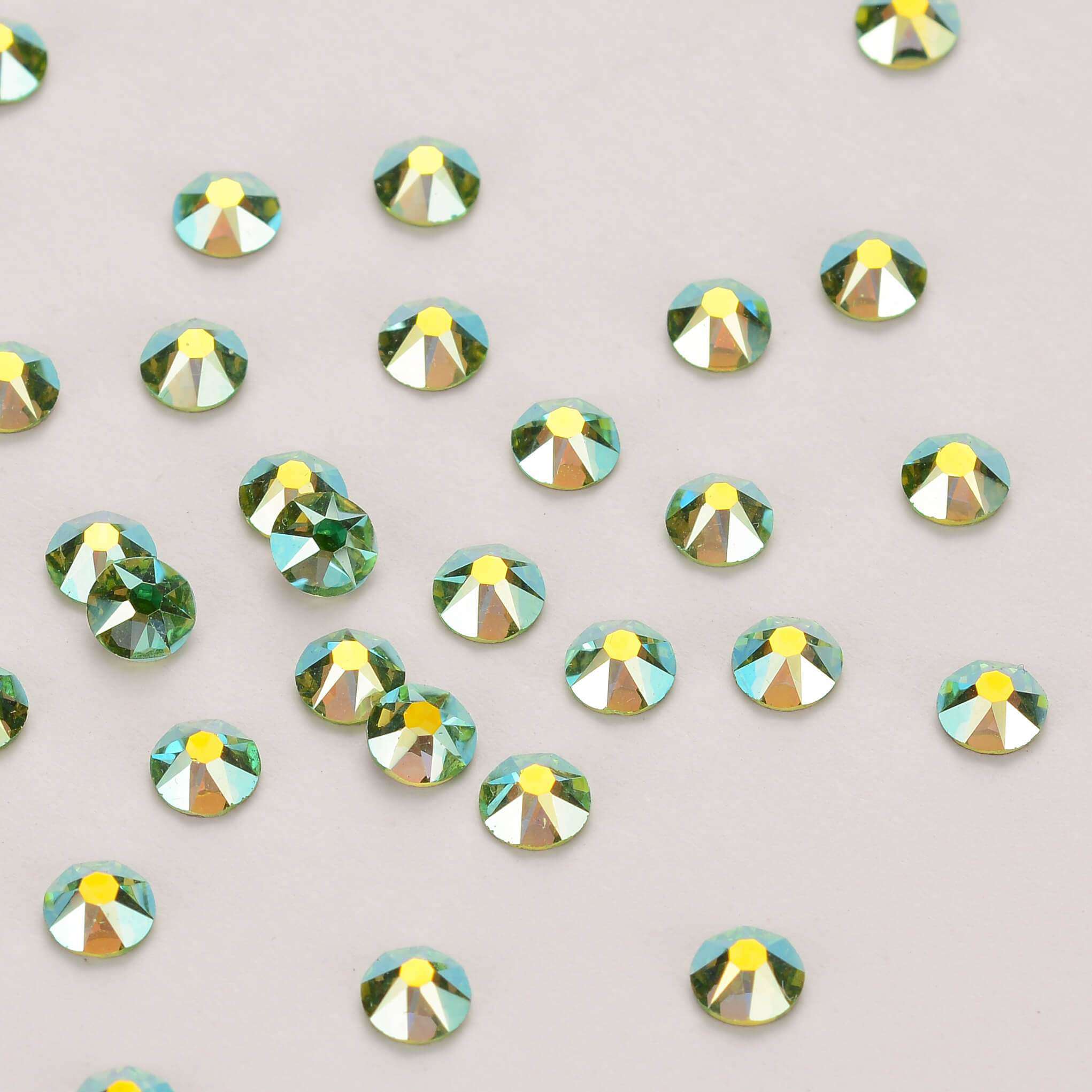 Peridot AB Glass Flat Back Glue-On Rhinestones 16 Cut Facets In Bulk WholesaleRhinestone