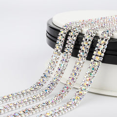 10 Yards Crystal AB Rhinestones Close Cup Chain - 3 Rows Silver Base WholesaleRhinestone
