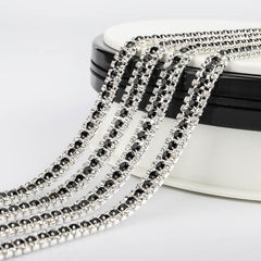 10 Yards Crystal & Black Rhinestones Close Cup Chain - 3 Rows Silver Base WholesaleRhinestone