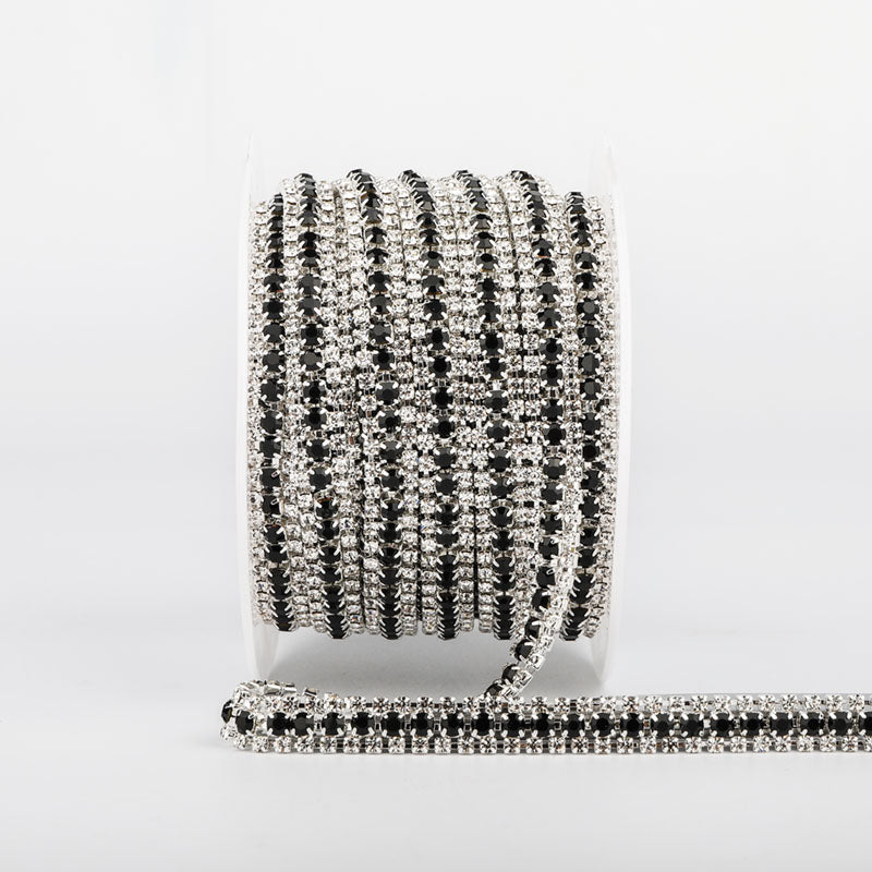 10 Yards Crystal & Black Rhinestones Close Cup Chain - 3 Rows Silver Base WholesaleRhinestone