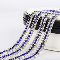 10 Yards Crystal & Sapphire Rhinestones Close Cup Chain - 3 Rows Silver Base WholesaleRhinestone