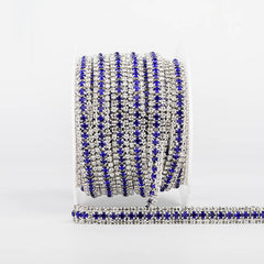 10 Yards Crystal & Sapphire Rhinestones Close Cup Chain - 3 Rows Silver Base WholesaleRhinestone