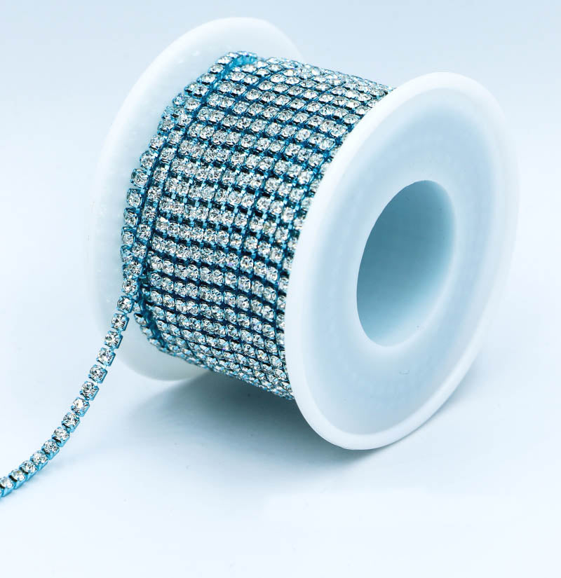 Crystal Glass Rhinestones Close Cup Chain - 1 Row Aquamarine Base WholesaleRhinestone