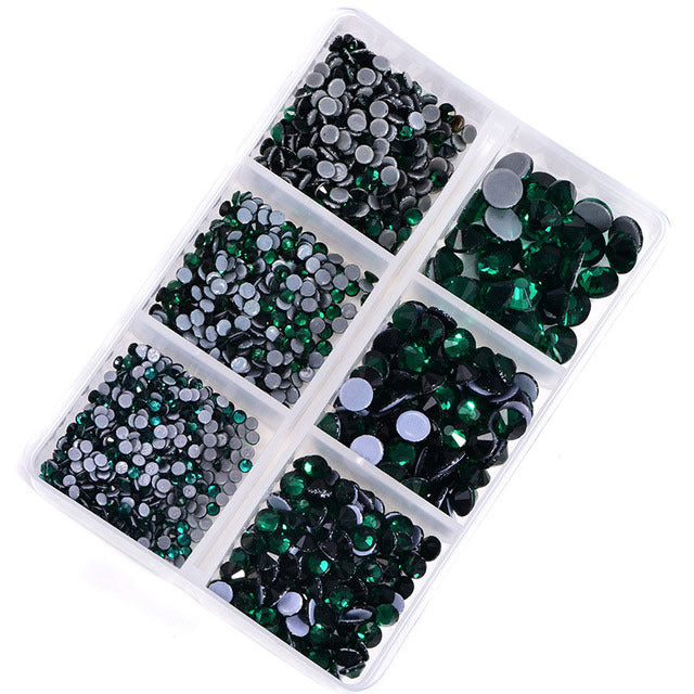 Mixed Sizes 6 Grid Box Dark Green Glass HotFix Rhinestones For Clothing DIY WholesaleRhinestone